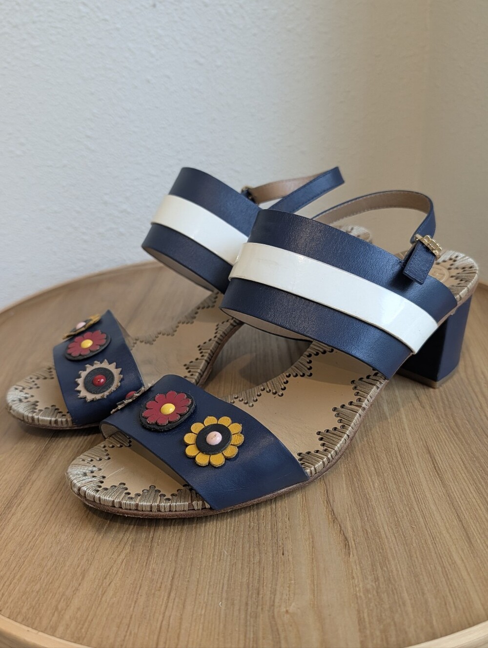 Tory Burch Navy and White Floral Appliqué Block Heel Sandals